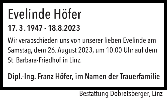 Traueranzeige von Evelinde Höfer von OÖNachrichten