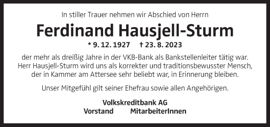 Traueranzeige von Ferdinand Hausjell-Sturm von OÖNachrichten