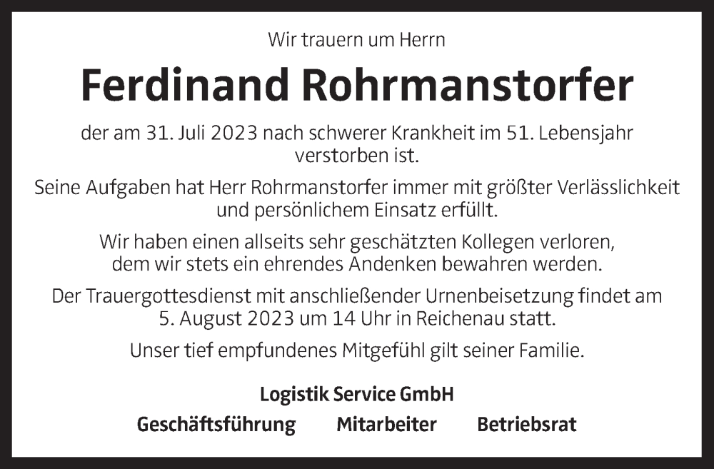  Traueranzeige für Ferdinand Rohrmanstorfer vom 04.08.2023 aus OÖNachrichten