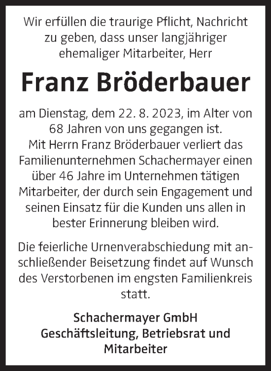 Traueranzeige von Franz Bröderbauer von OÖNachrichten
