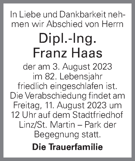 Traueranzeige von Franz Haas von OÖNachrichten