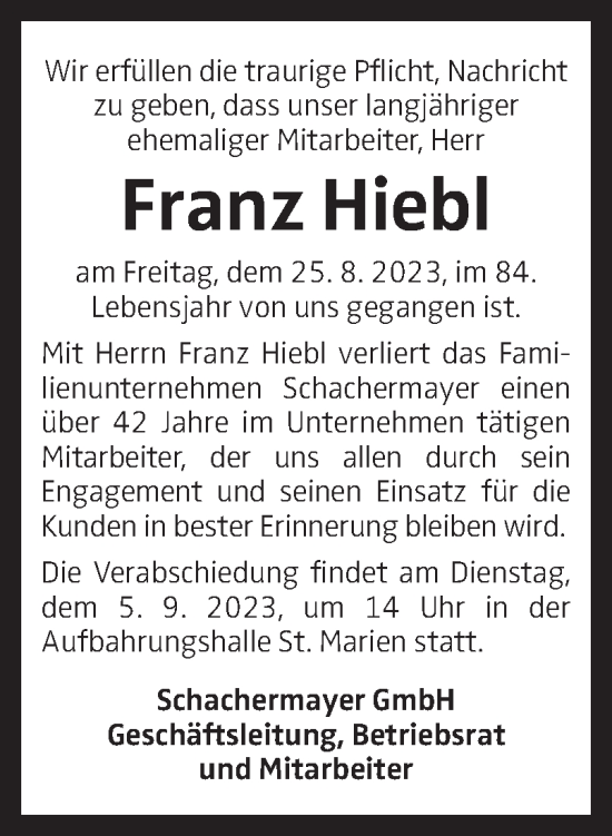Traueranzeige von Franz Hiebl von OÖNachrichten