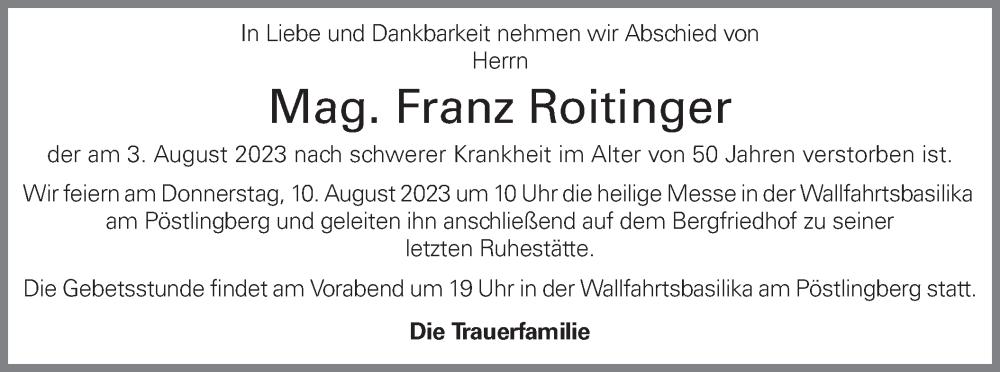  Traueranzeige für Franz Roitinger vom 08.08.2023 aus OÖNachrichten