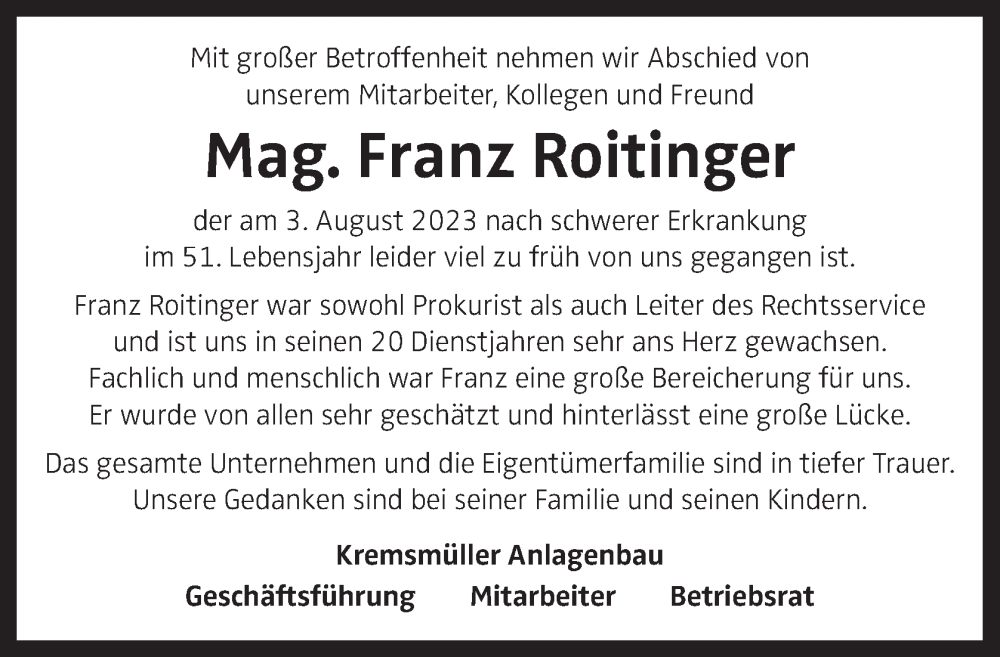  Traueranzeige für Franz Roitinger vom 12.08.2023 aus OÖNachrichten
