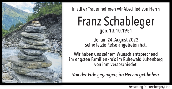 Traueranzeige von Franz Schableger von OÖNachrichten