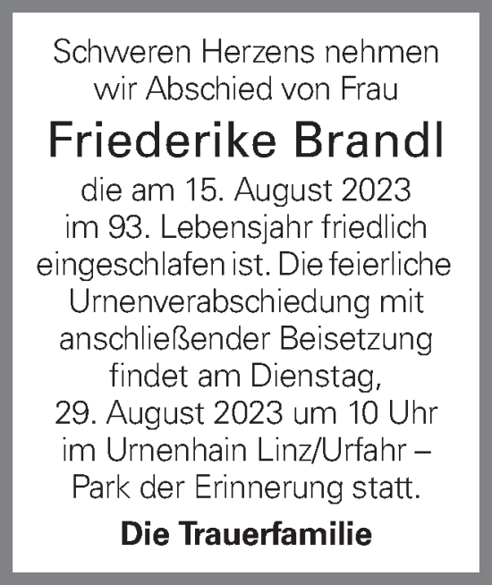 Traueranzeige von Friederike Brandl von OÖNachrichten