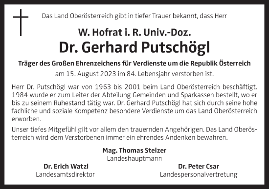 Traueranzeige von Gerhard Putschögl von OÖNachrichten