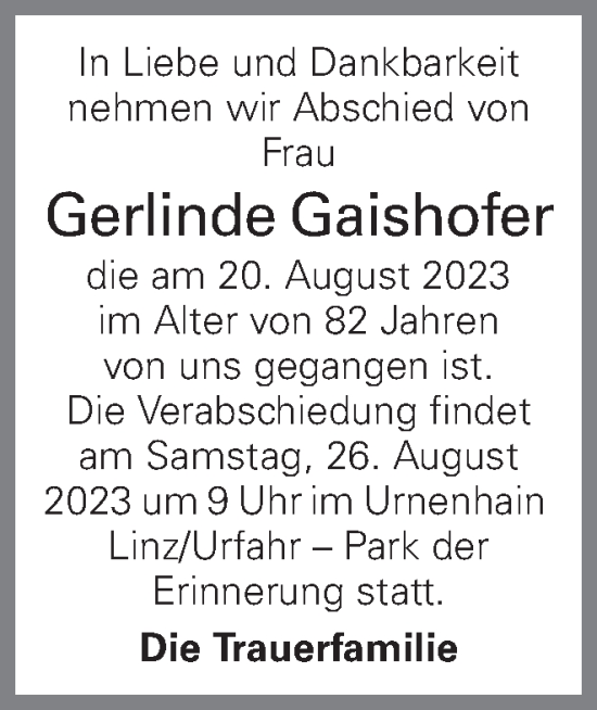 Traueranzeige von Gerlinde Gaishofer von OÖNachrichten