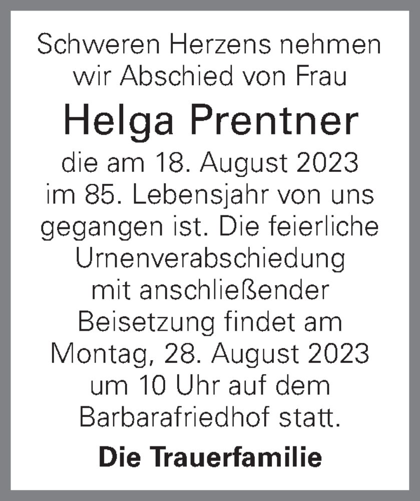  Traueranzeige für Helga Prentner vom 23.08.2023 aus OÖNachrichten