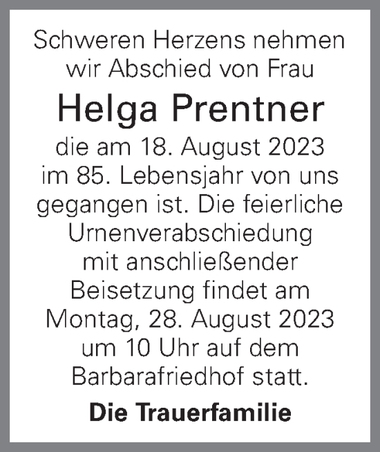 Traueranzeige von Helga Prentner von OÖNachrichten