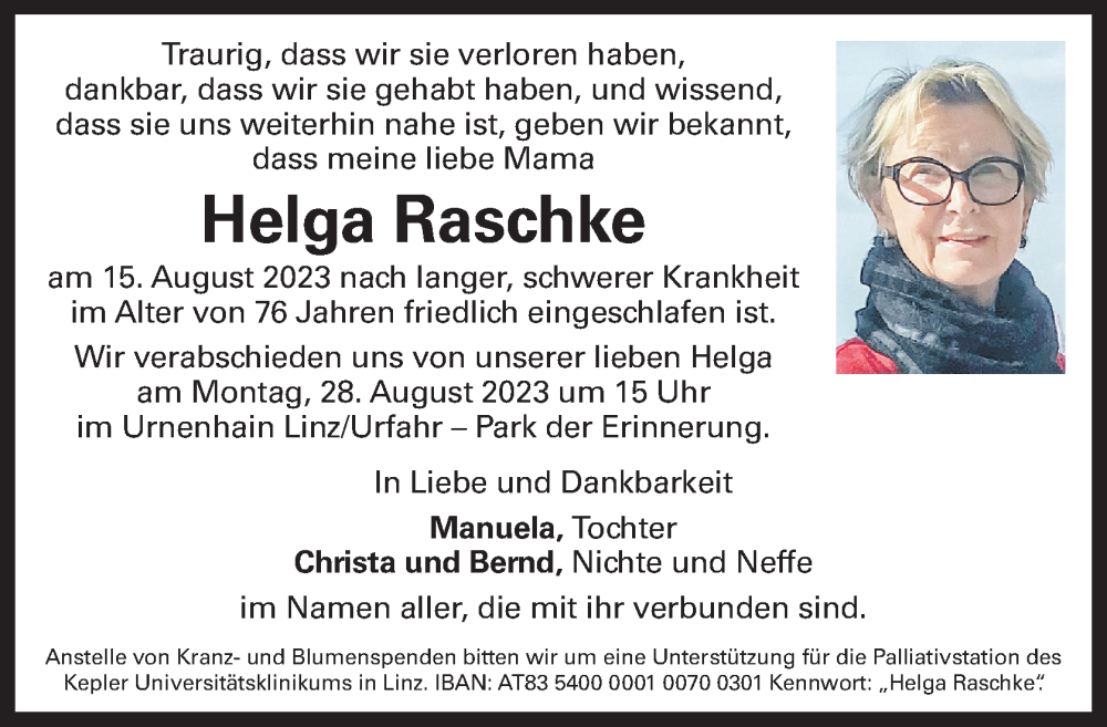  Traueranzeige für Helga Raschke vom 19.08.2023 aus OÖNachrichten