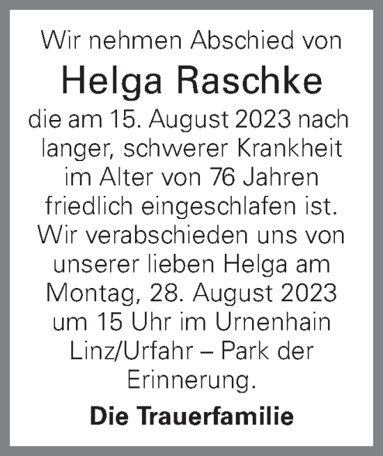 Traueranzeige von Helga Raschke von OÖNachrichten