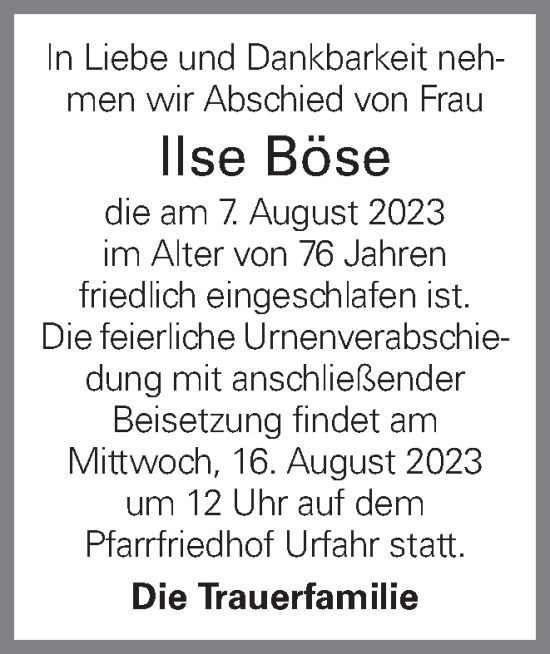 Traueranzeige von Ilse Böse von OÖNachrichten