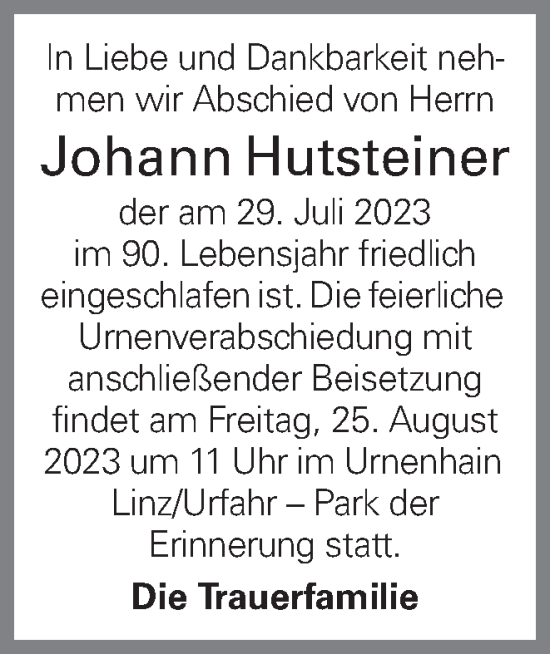 Traueranzeige von Johann Hutsteiner von OÖNachrichten