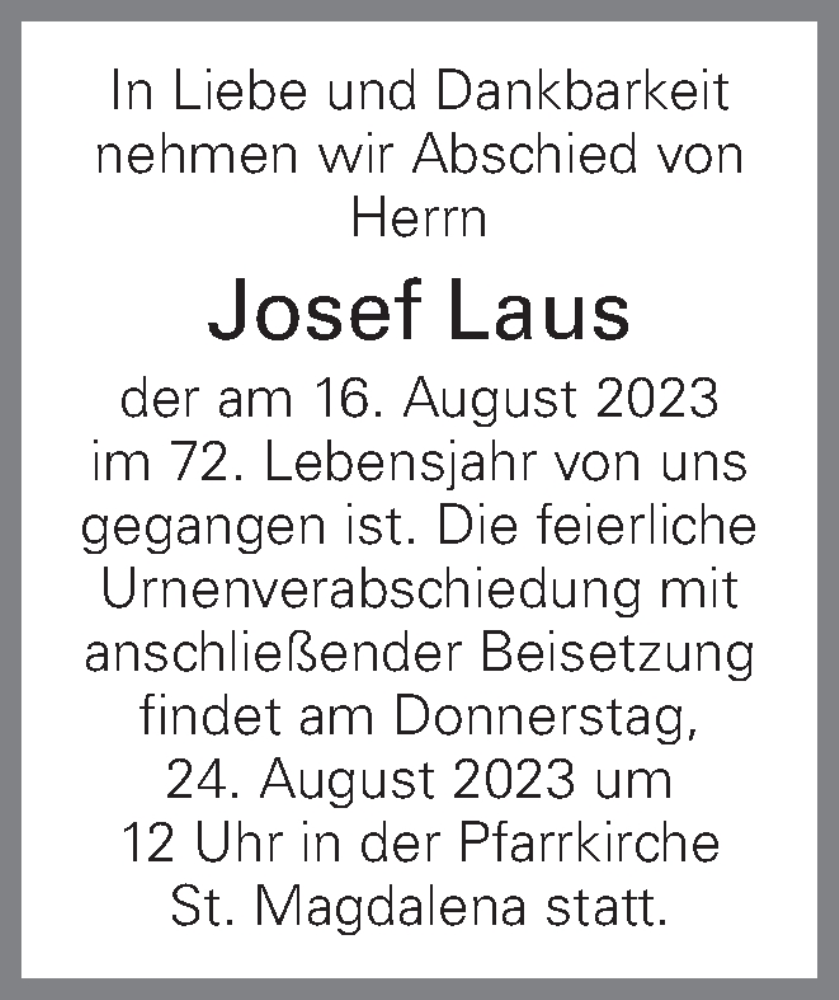  Traueranzeige für Josef Laus vom 22.08.2023 aus OÖNachrichten