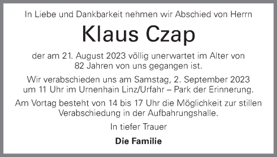 Traueranzeige von Klaus Czap von OÖNachrichten