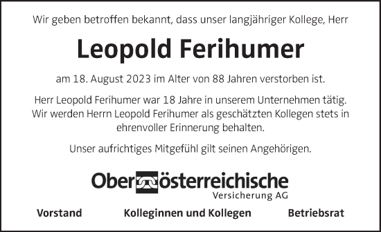 Traueranzeige von Leopold Ferihumer von OÖNachrichten