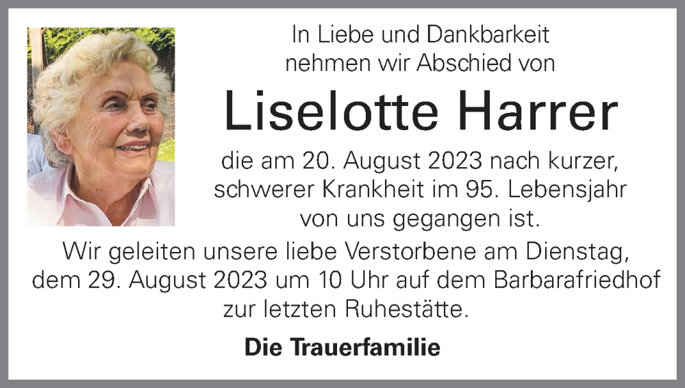  Traueranzeige für Liselotte Harrer vom 28.08.2023 aus OÖNachrichten