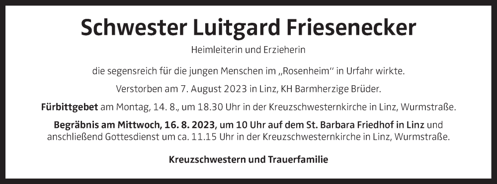  Traueranzeige für Luitgard Friesenecker vom 11.08.2023 aus OÖNachrichten