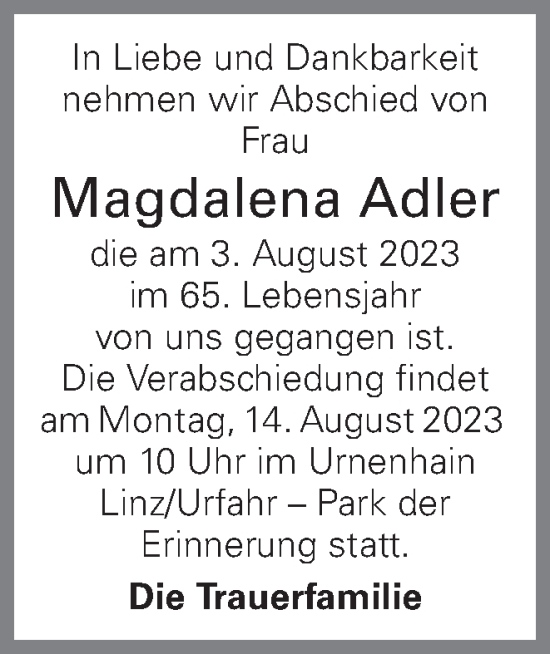 Traueranzeige von Magdalena Adler von OÖNachrichten