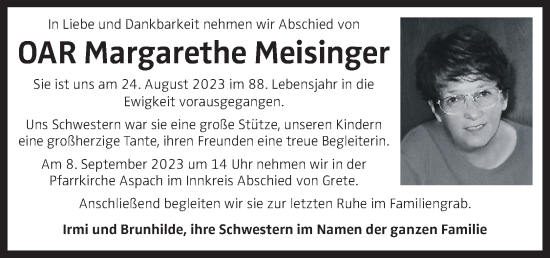 Traueranzeige von Margarethe Meisinger von OÖNachrichten