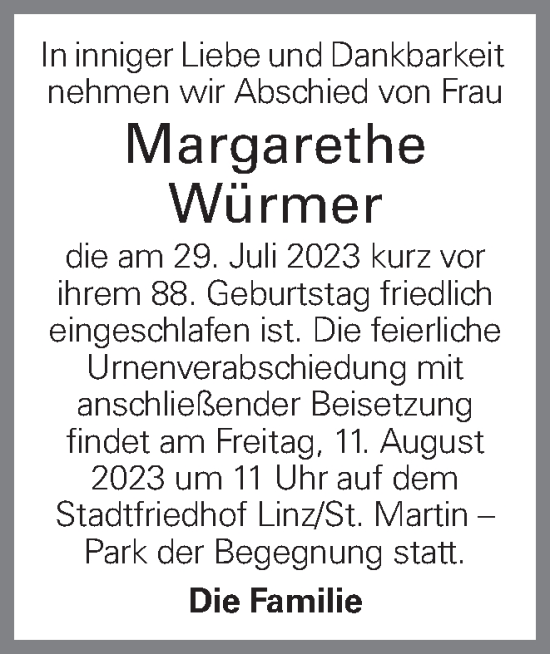 Traueranzeige von Margarethe Würmer von OÖNachrichten