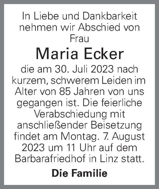 Traueranzeige von Maria Ecker von OÖNachrichten