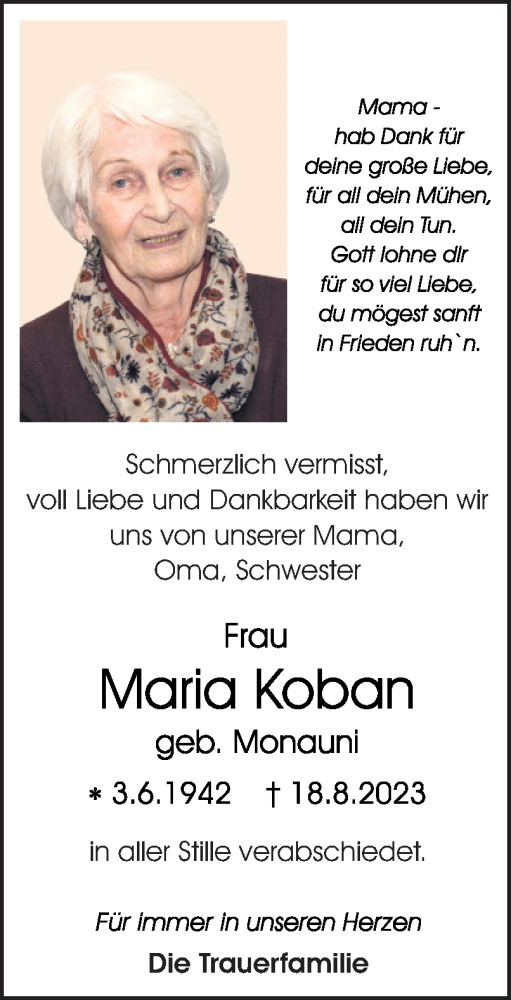 Traueranzeige von Maria Koban von OÖNachrichten