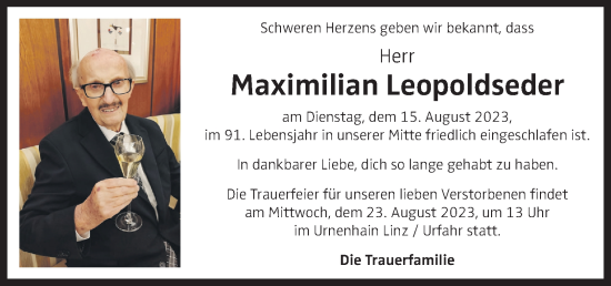 Traueranzeige von Maximilian Leopoldseder von OÖNachrichten