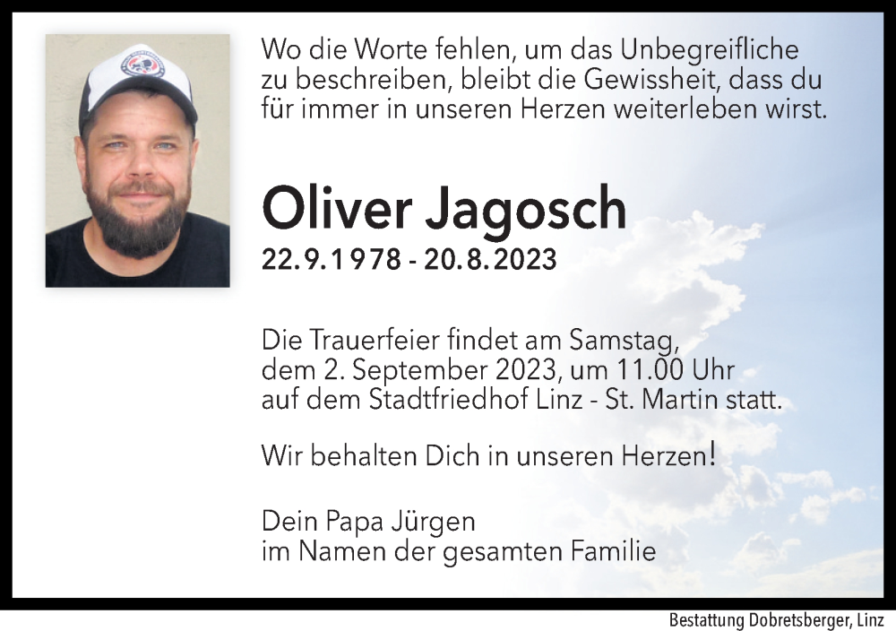  Traueranzeige für Oliver Jagosch vom 29.08.2023 aus OÖNachrichten