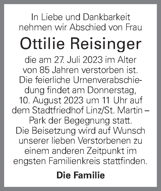 Traueranzeige von Ottilie Reisinger von OÖNachrichten