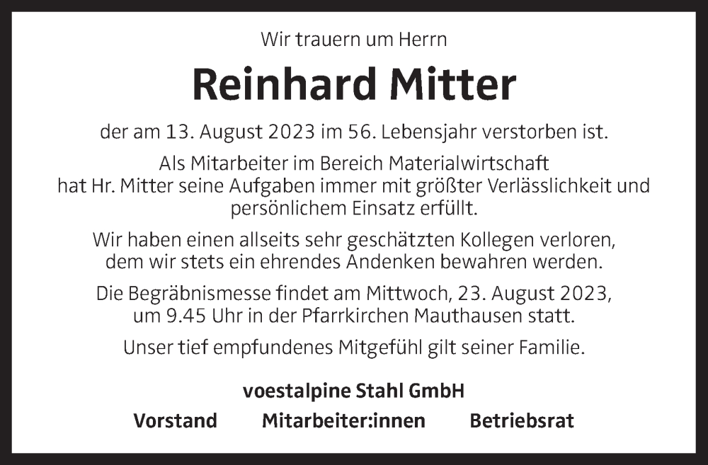  Traueranzeige für Reinhard Mitter vom 19.08.2023 aus OÖNachrichten
