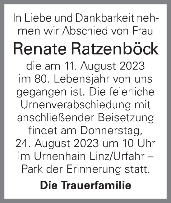 Traueranzeige von Renate Ratzenböck von OÖNachrichten