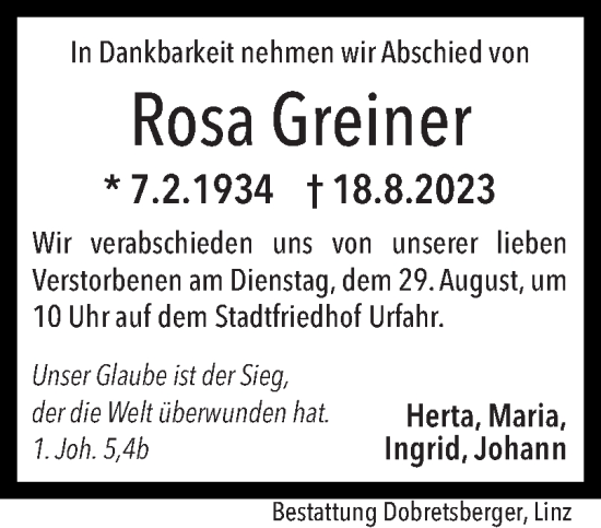 Traueranzeige von Rosa Greiner von OÖNachrichten