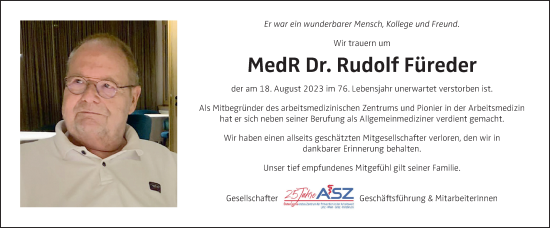 Traueranzeige von Rudolf Füreder von OÖNachrichten