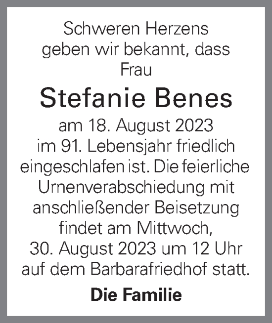 Traueranzeige von Stefanie Benes von OÖNachrichten