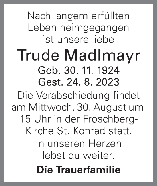 Traueranzeige von Trude Madlmayr von OÖNachrichten