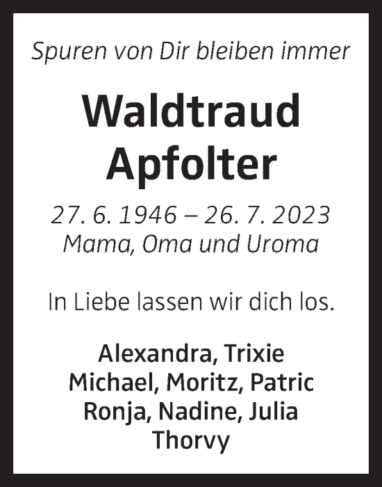 Traueranzeige von Waltraud Apfolter von OÖNachrichten