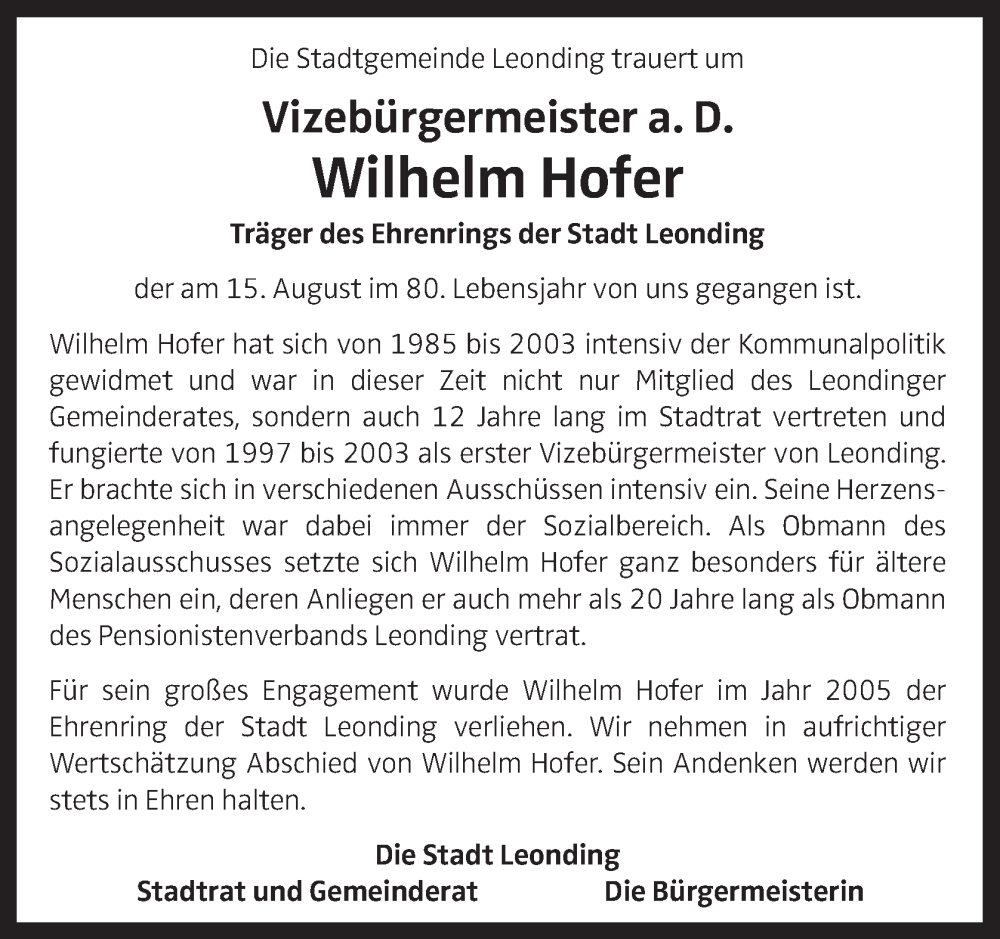  Traueranzeige für Wilhelm Hofer vom 17.08.2023 aus OÖNachrichten