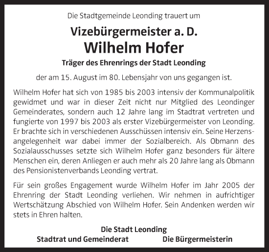 Traueranzeige von Wilhelm Hofer von OÖNachrichten