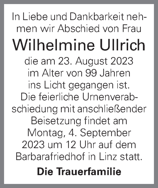 Traueranzeige von Wilhelmine Ullrich von OÖNachrichten