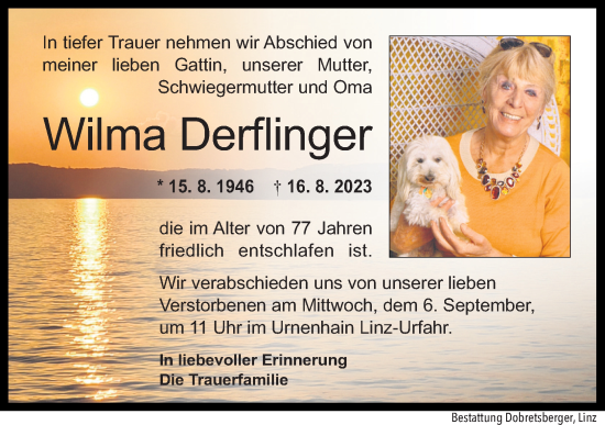 Traueranzeige von Wilma Derflinger von OÖNachrichten