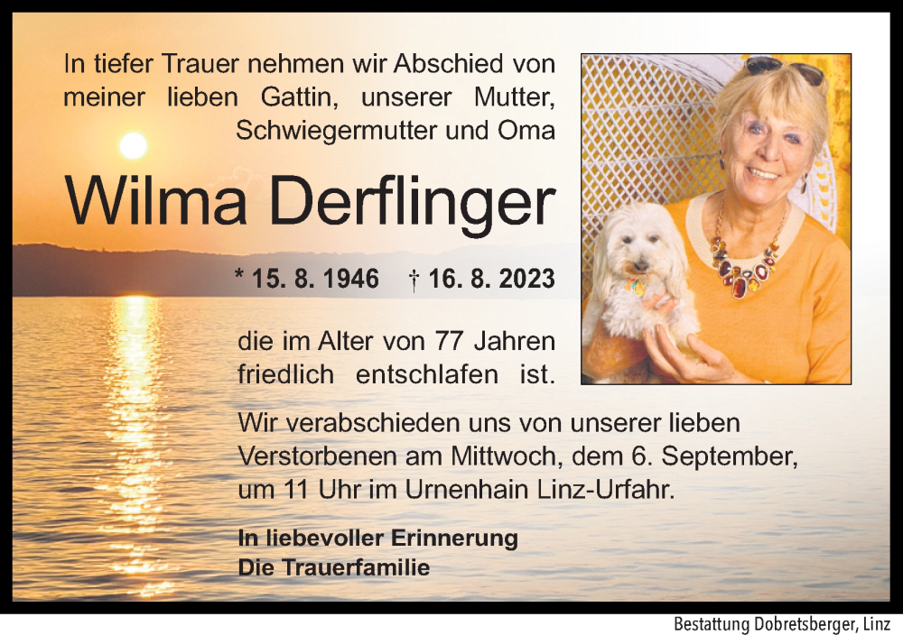  Traueranzeige für Wilma Derflinger vom 19.08.2023 aus OÖNachrichten