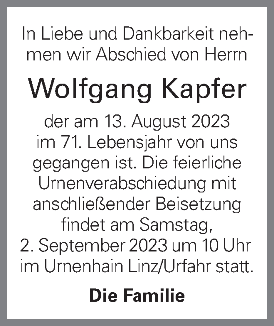 Traueranzeige von Wolfgang Kapfer von OÖNachrichten