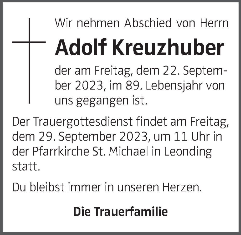  Traueranzeige für Adolf Kreuzhuber vom 27.09.2023 aus OÖNachrichten