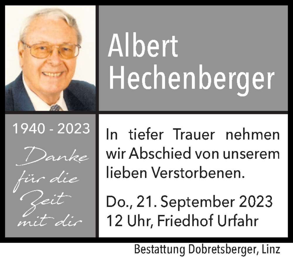  Traueranzeige für Albert Hechenberger vom 19.09.2023 aus OÖNachrichten