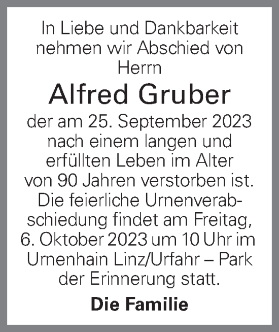 Traueranzeige von Alfred Gruber von OÖNachrichten