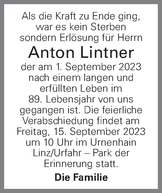 Traueranzeige von Anton Lintner von OÖNachrichten