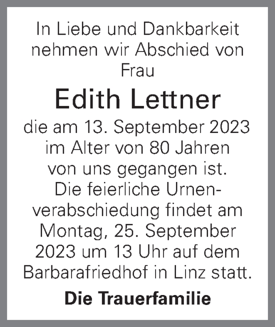 Traueranzeige von Edith Lettner von OÖNachrichten
