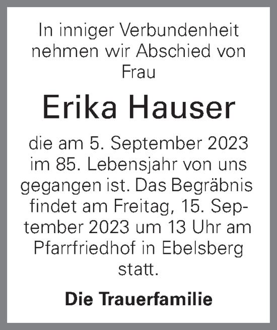 Traueranzeige von Erika Hauser von OÖNachrichten